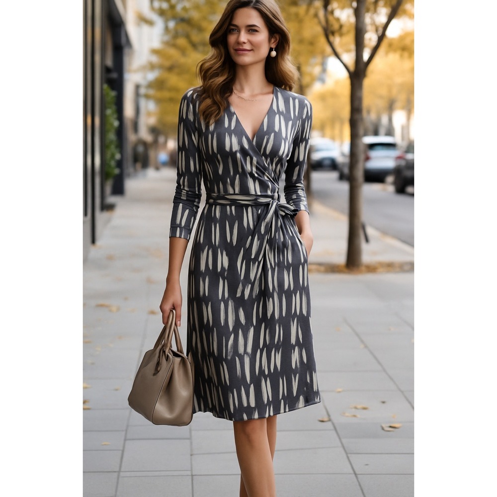 Boden‎ Dark Grey Ikat Wrap Jersey Dress Long Sleeve Viscose 12L Made in Portugal